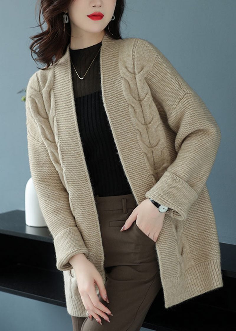 Lös Beige V-hals Patchwork Tjock Ullstickad Cardigan Fall