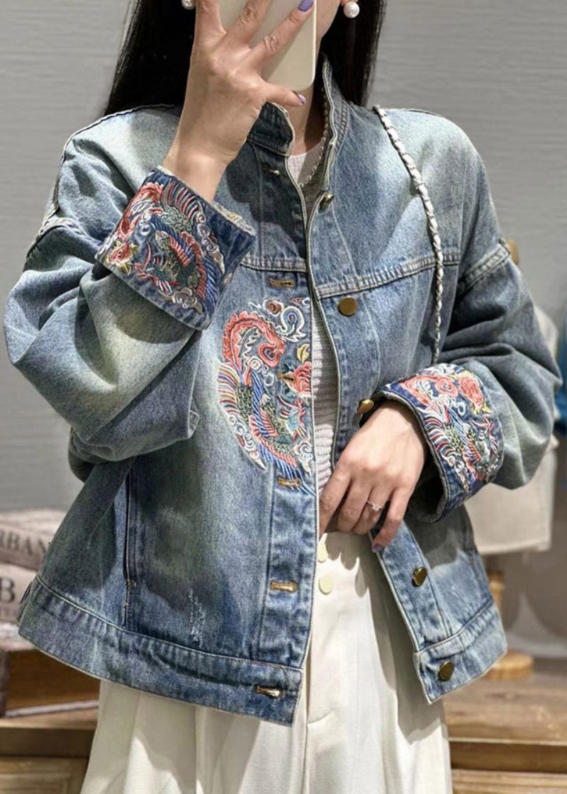 Lös Blå Broderad Knapp Patchwork Denimrock Höst