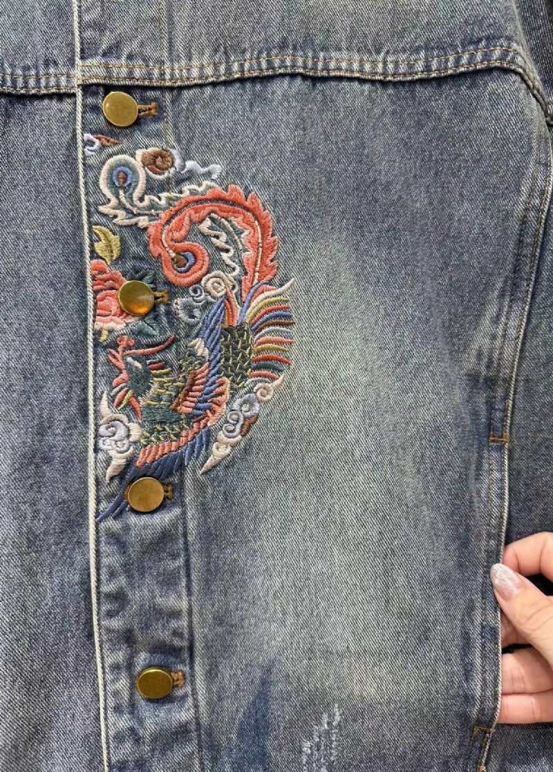 Lös Blå Broderad Knapp Patchwork Denimrock Höst - Vinterkappor för kvinnor