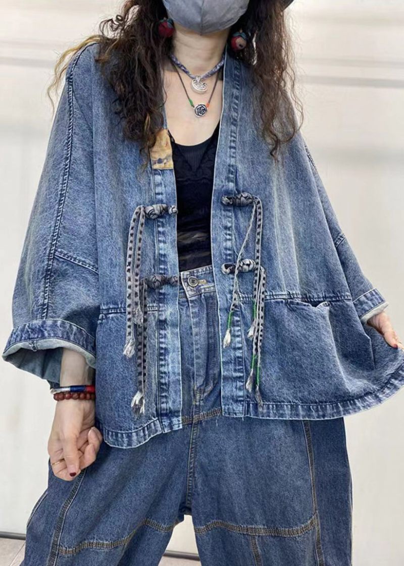 Lös Blå V-ringad Knapp Patchwork Denimrockar Långärmad