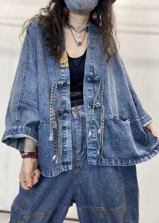 Lös Blå V-ringad Knapp Patchwork Denimrockar Långärmad