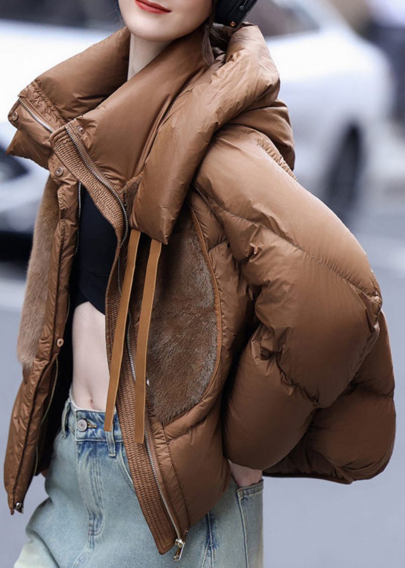 Lös Caramel Hooded Mink Hair Patchwork Duck Down Puffers Jackor Vinter