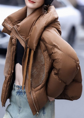 Lös Caramel Hooded Mink Hair Patchwork Duck Down Puffers Jackor Vinter