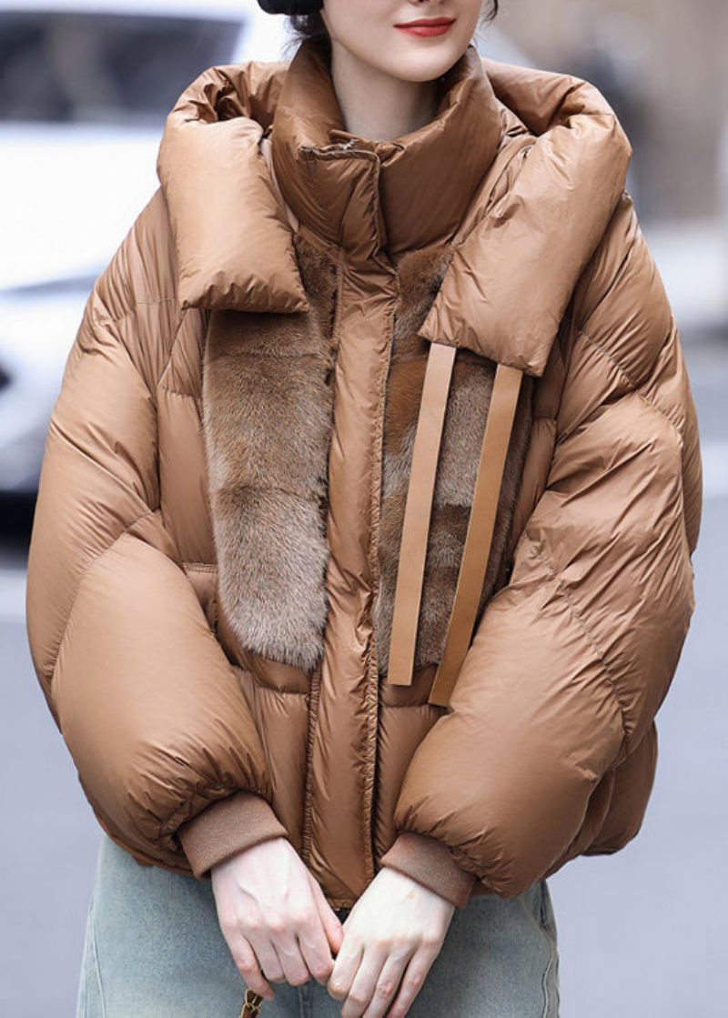 Lös Caramel Hooded Mink Hair Patchwork Duck Down Puffers Jackor Vinter - Dunjackor för kvinnor