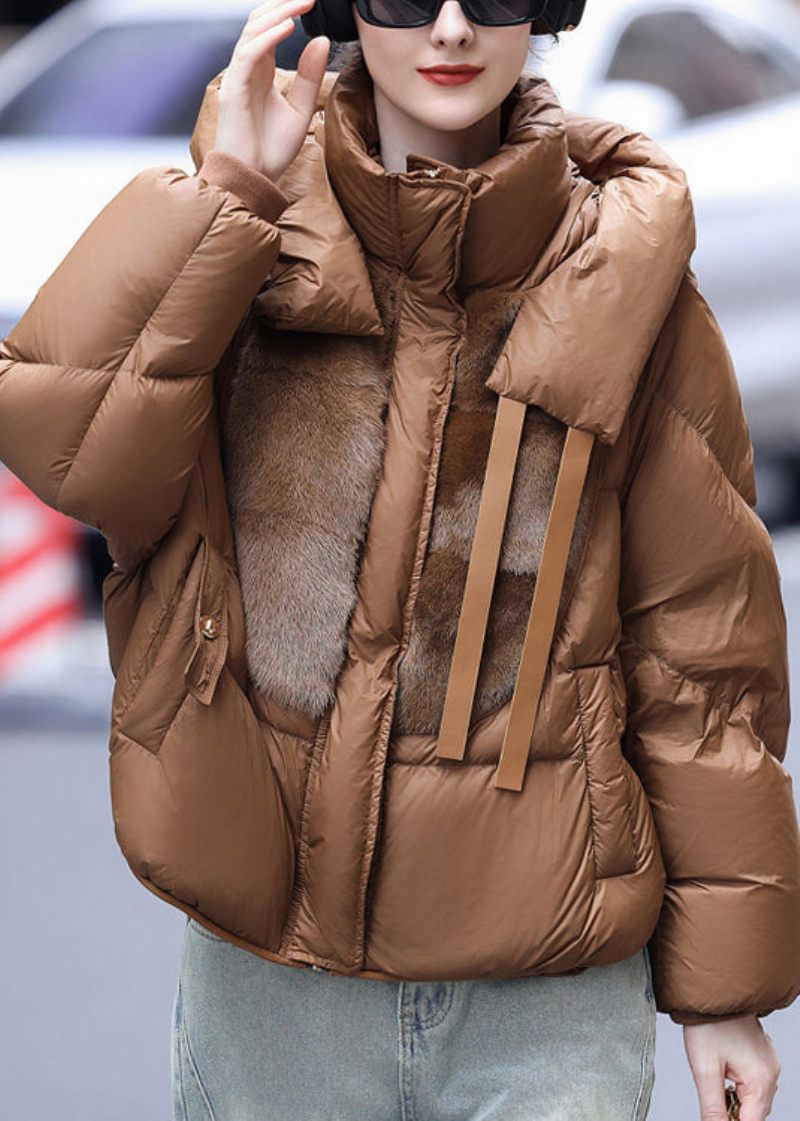 Lös Caramel Hooded Mink Hair Patchwork Duck Down Puffers Jackor Vinter - Dunjackor för kvinnor