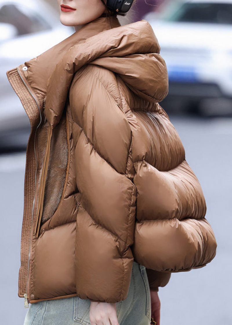 Lös Caramel Hooded Mink Hair Patchwork Duck Down Puffers Jackor Vinter - Dunjackor för kvinnor