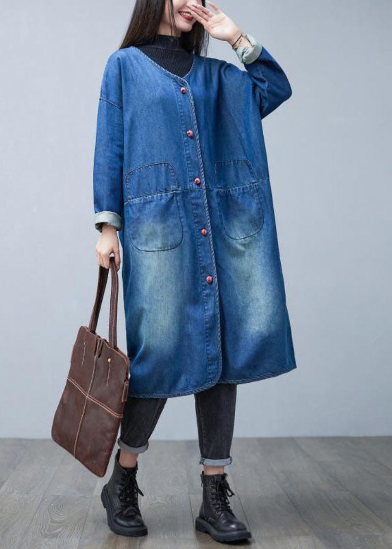 Lös Denim Blå V-hals Patchwork Fickor Bomull Trench Coats Spring