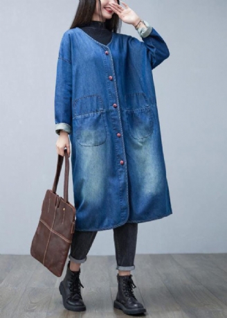 Lös Denim Blå V-hals Patchwork Fickor Bomull Trench Coats Spring