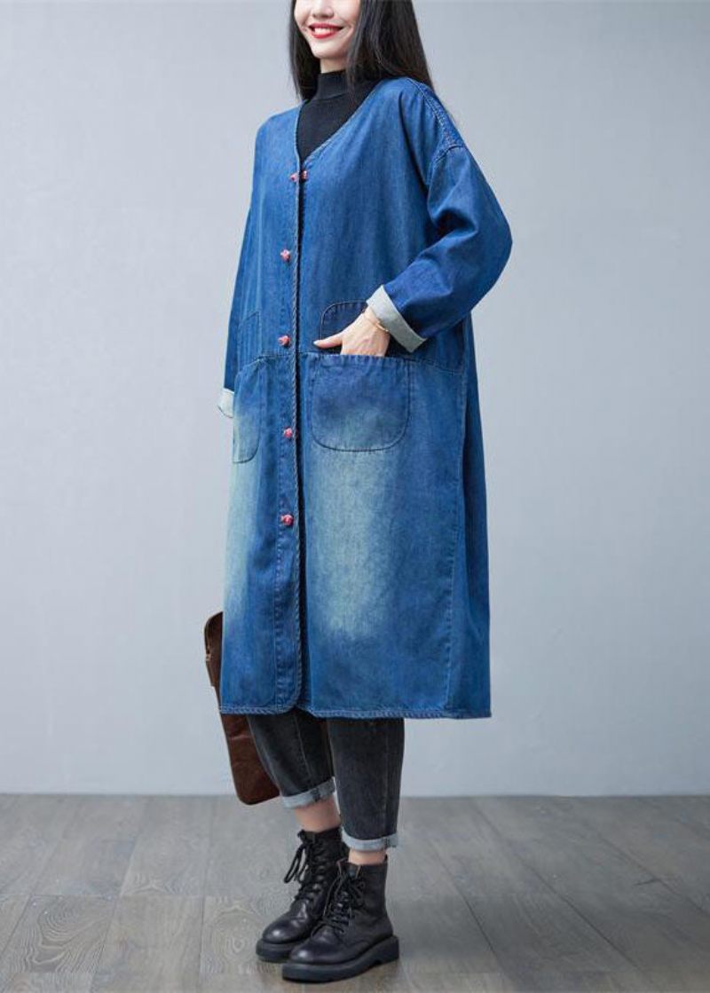 Lös Denim Blå V-hals Patchwork Fickor Bomull Trench Coats Spring - Trenchcoats för kvinnor