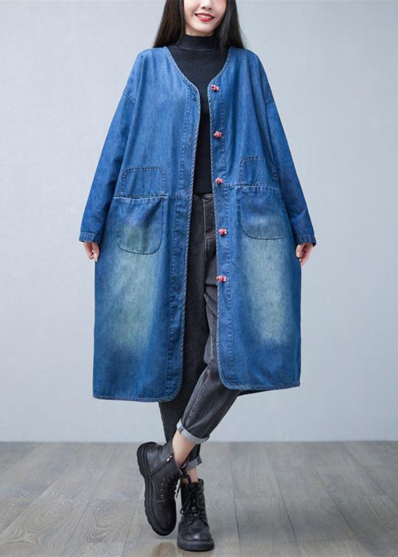 Lös Denim Blå V-hals Patchwork Fickor Bomull Trench Coats Spring - Trenchcoats för kvinnor