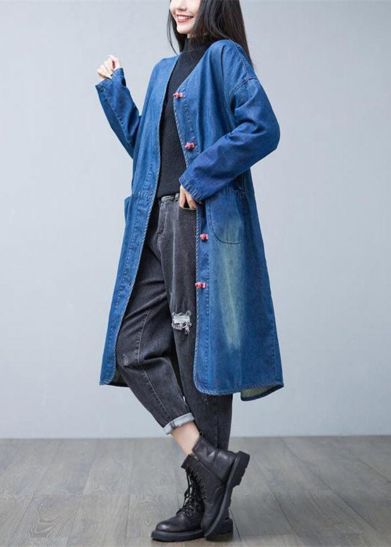 Lös Denim Blå V-hals Patchwork Fickor Bomull Trench Coats Spring - Trenchcoats för kvinnor