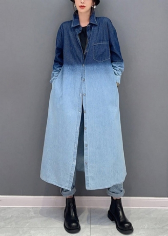 Lös Gradient Färg Knappfickor Denim Lång Kappa Höst