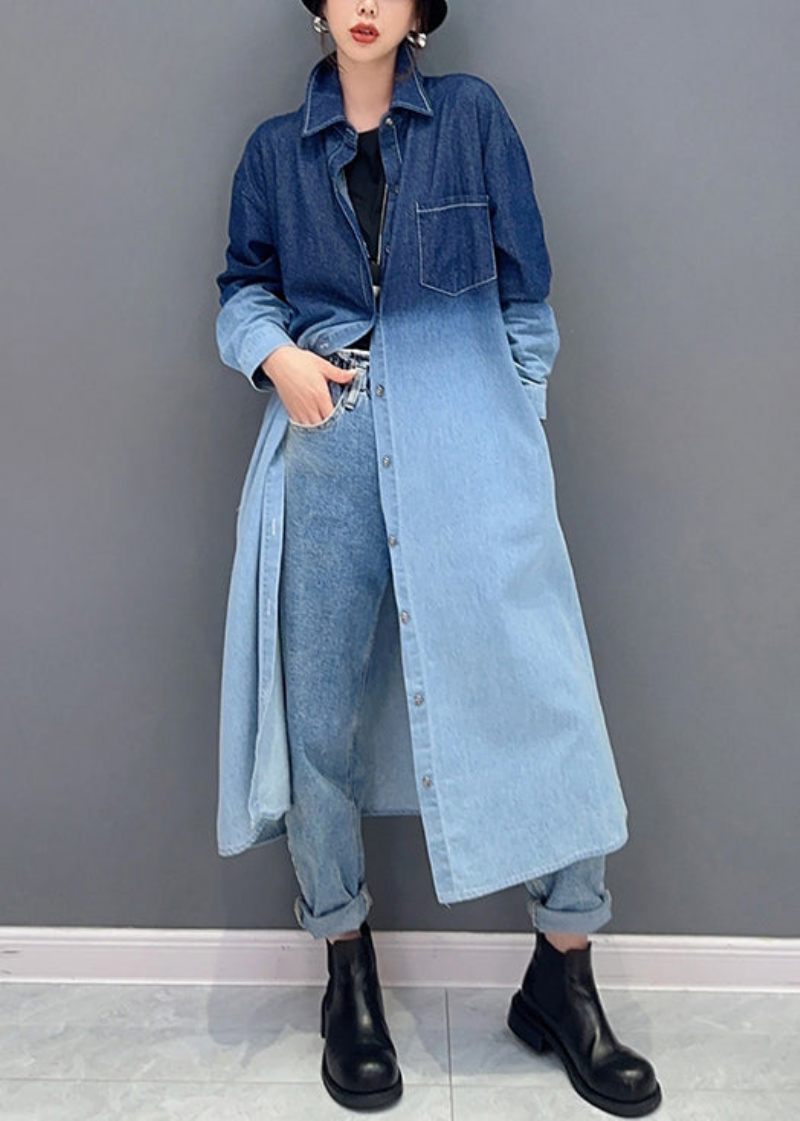 Lös Gradient Färg Knappfickor Denim Lång Kappa Höst - Vinterkappor för kvinnor