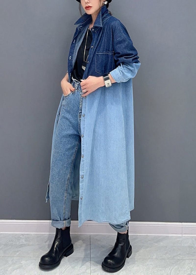 Lös Gradient Färg Knappfickor Denim Lång Kappa Höst - Vinterkappor för kvinnor