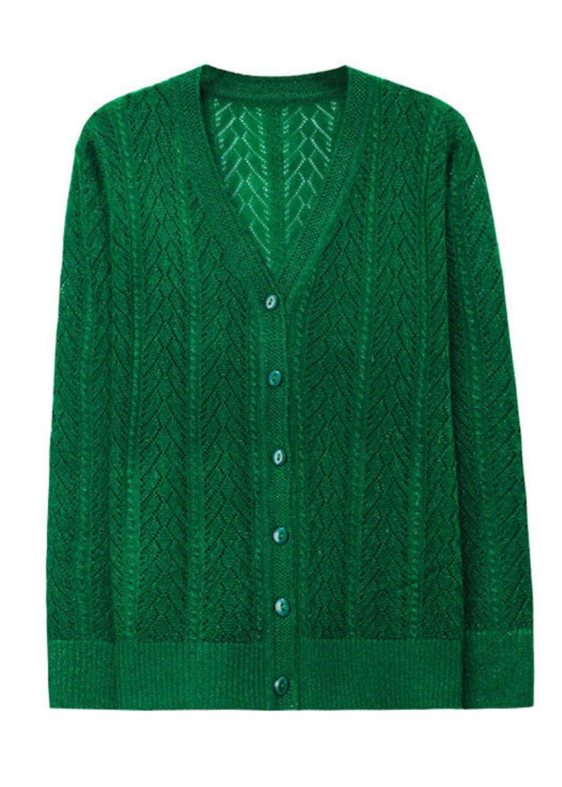 Lös Grön V-hals Hollow Out Button Patchwork Knit Cardigans Fall - Koftor för kvinnor