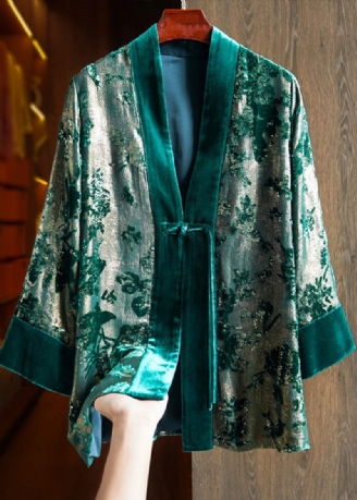 Lös Grön V-hals Jacquard Patchwork Silk Velour Coats Fall