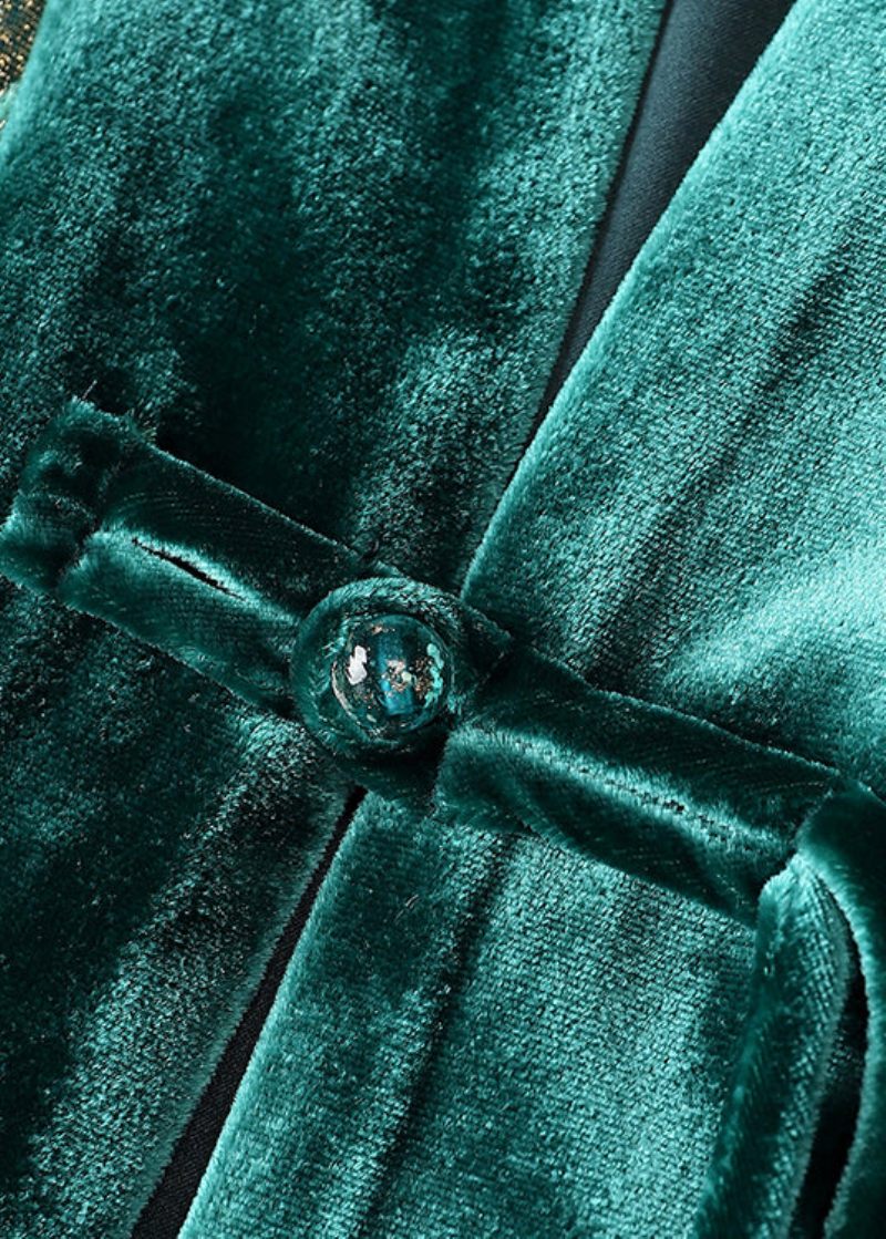 Lös Grön V-hals Jacquard Patchwork Silk Velour Coats Fall - Vinterkappor för kvinnor