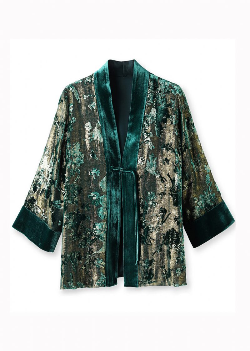 Lös Grön V-hals Jacquard Patchwork Silk Velour Coats Fall - Vinterkappor för kvinnor