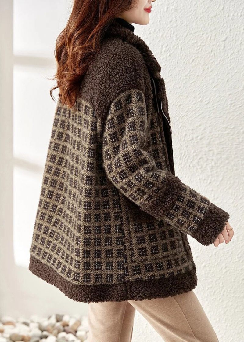 Lös Kaffepläd Zip Up Patchwork Teddy Fuskpälsjacka Vinter - Vinterkappor för kvinnor