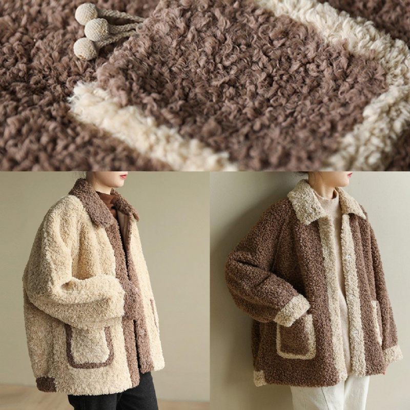 Lös Kavajkrage Fina Patchwork Kappor Damchoklad Dagliga Jackor - Beige