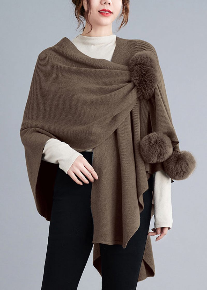 Lös Khaki Asymmetrisk Fuzzy Ball Patchwork Stickad Cape Coats Höst