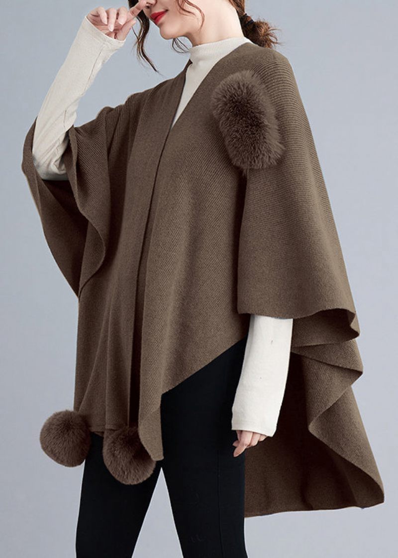 Lös Khaki Asymmetrisk Fuzzy Ball Patchwork Stickad Cape Coats Höst - Koftor för kvinnor