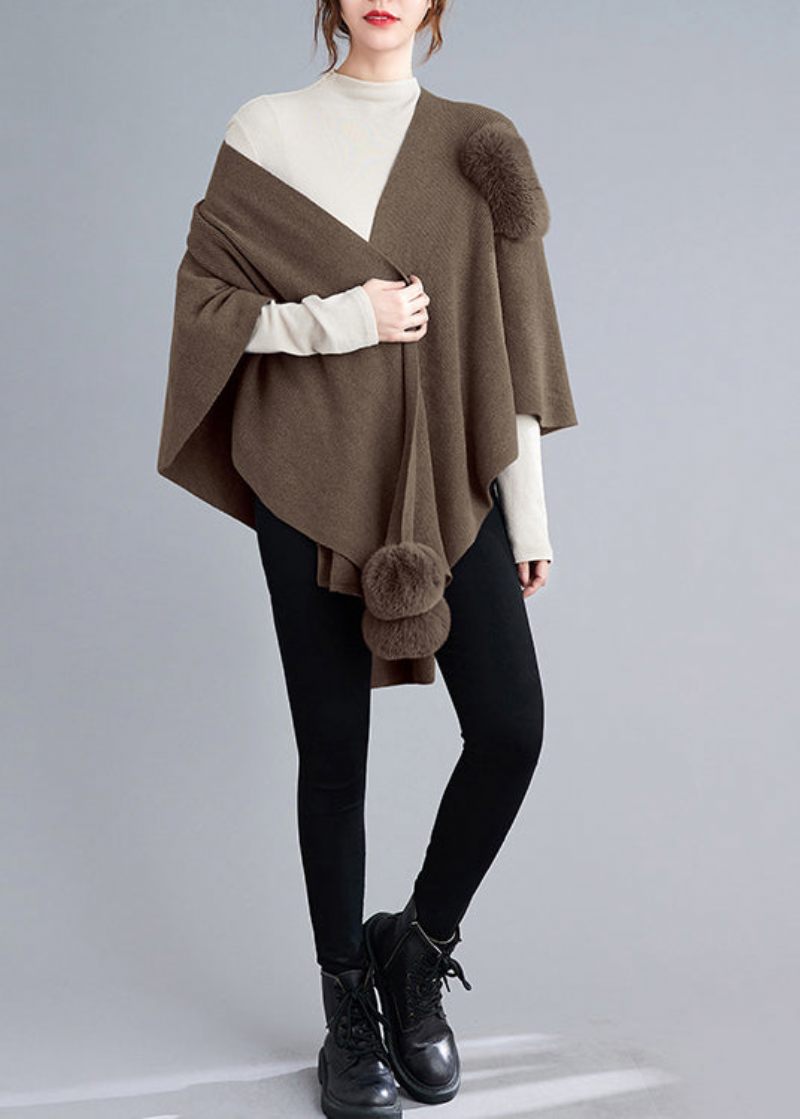 Lös Khaki Asymmetrisk Fuzzy Ball Patchwork Stickad Cape Coats Höst - Koftor för kvinnor