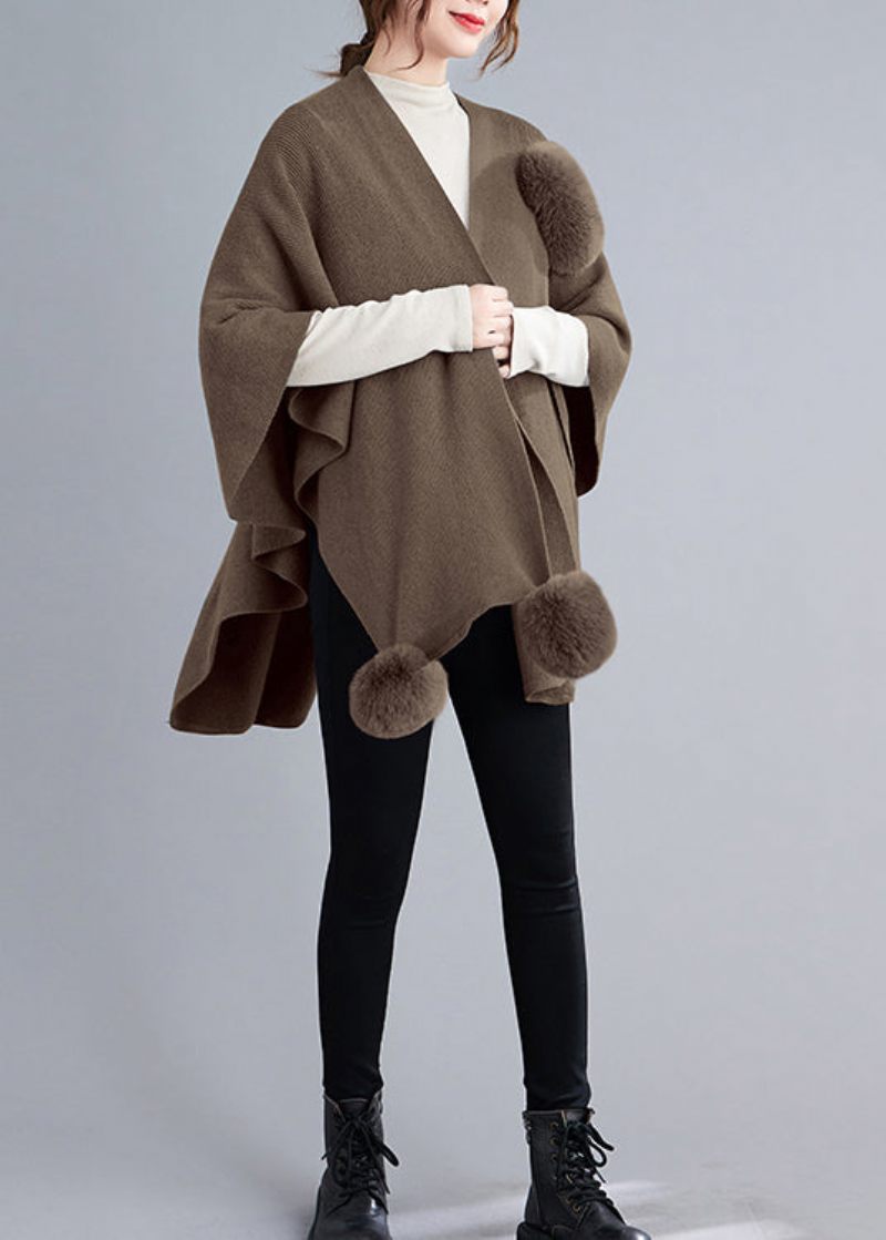 Lös Khaki Asymmetrisk Fuzzy Ball Patchwork Stickad Cape Coats Höst - Koftor för kvinnor