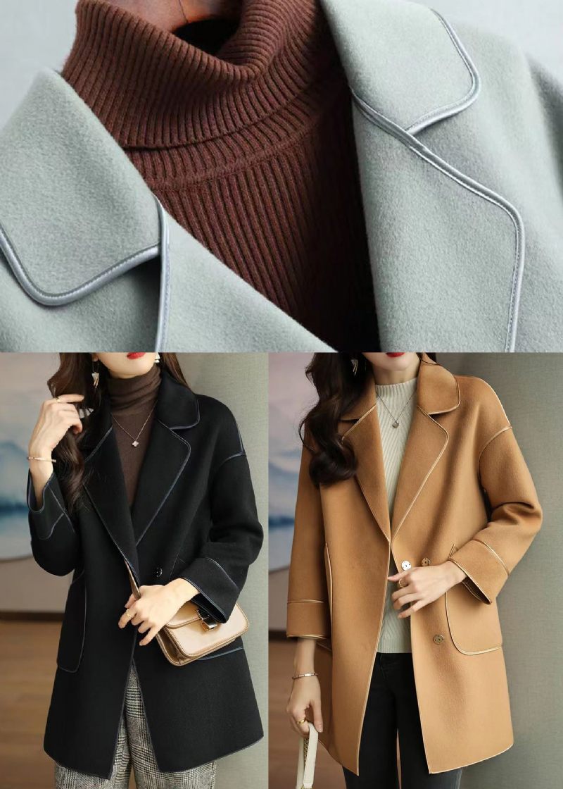 Lös Khaki Peter Pan Krage Fickor Woolen Trench Coat Höst - Trenchcoats för kvinnor