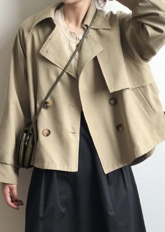 Lös Khaki Peter Pan Krage Patchwork Button Trench Coats Sprin