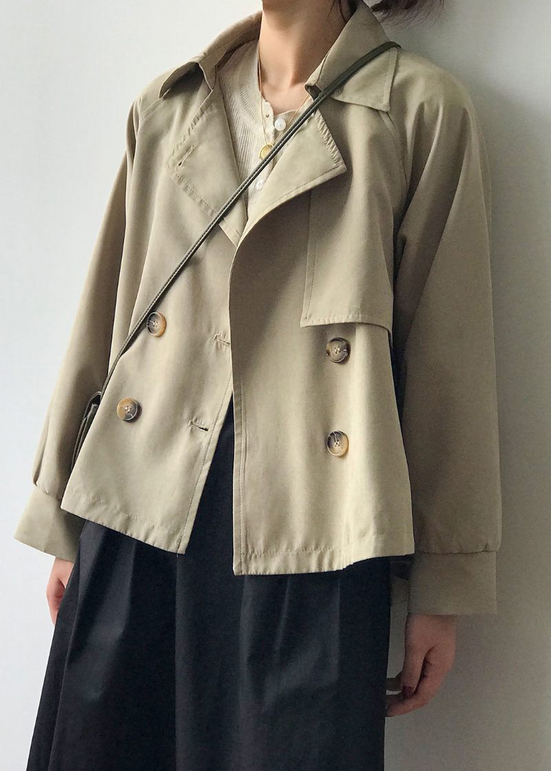 Lös Khaki Peter Pan Krage Patchwork Button Trench Coats Sprin - Kaki