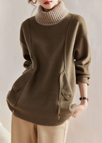 Lös Khaki Turtleneck Stickad Patchwork Woolen Sweatshirts Långärmad