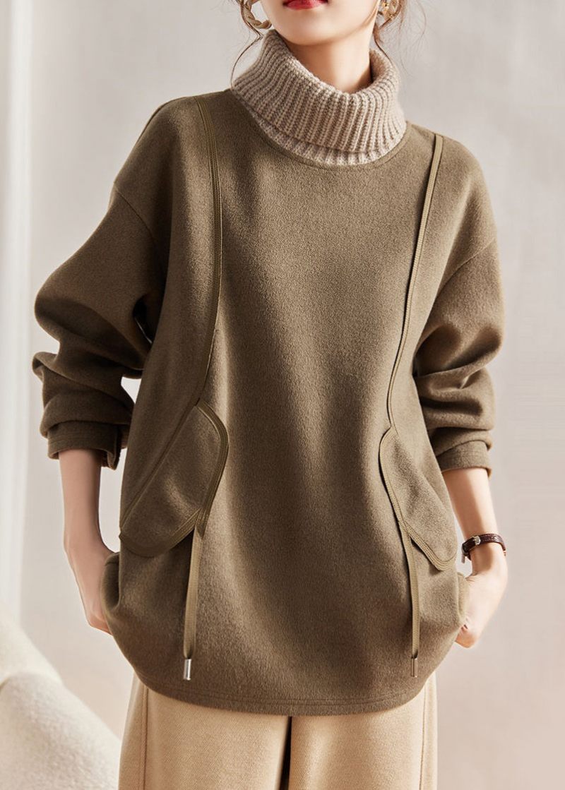 Lös Khaki Turtleneck Stickad Patchwork Woolen Sweatshirts Långärmad - Ullrockar för kvinnor