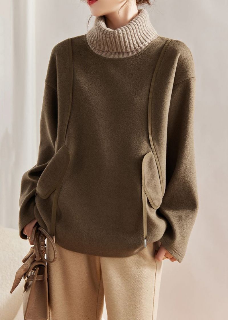 Lös Khaki Turtleneck Stickad Patchwork Woolen Sweatshirts Långärmad - Ullrockar för kvinnor