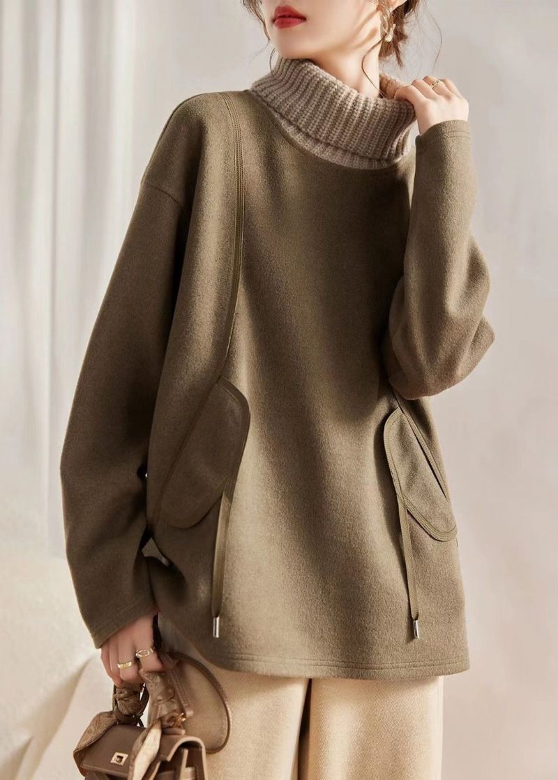 Lös Khaki Turtleneck Stickad Patchwork Woolen Sweatshirts Långärmad - Ullrockar för kvinnor