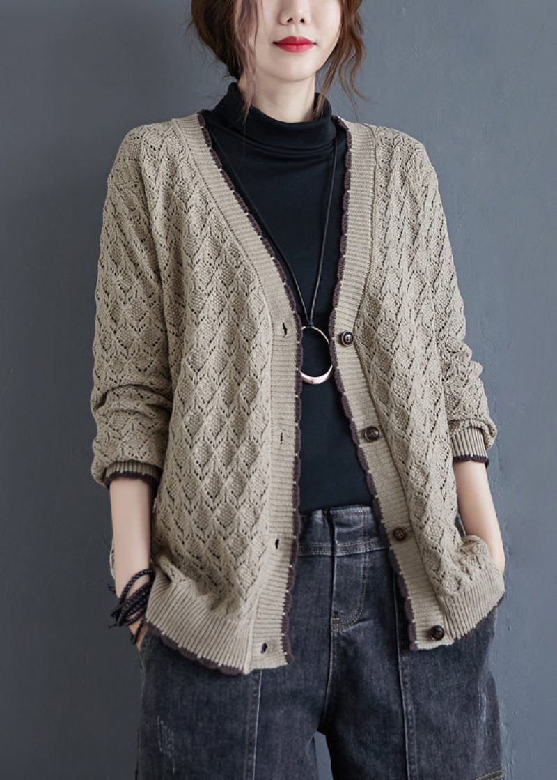 Lös Khaki V-hals Hollow Out Button Stickad Cardigan Fall