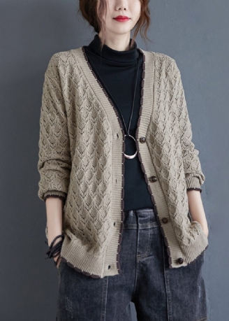 Lös Khaki V-hals Hollow Out Button Stickad Cardigan Fall