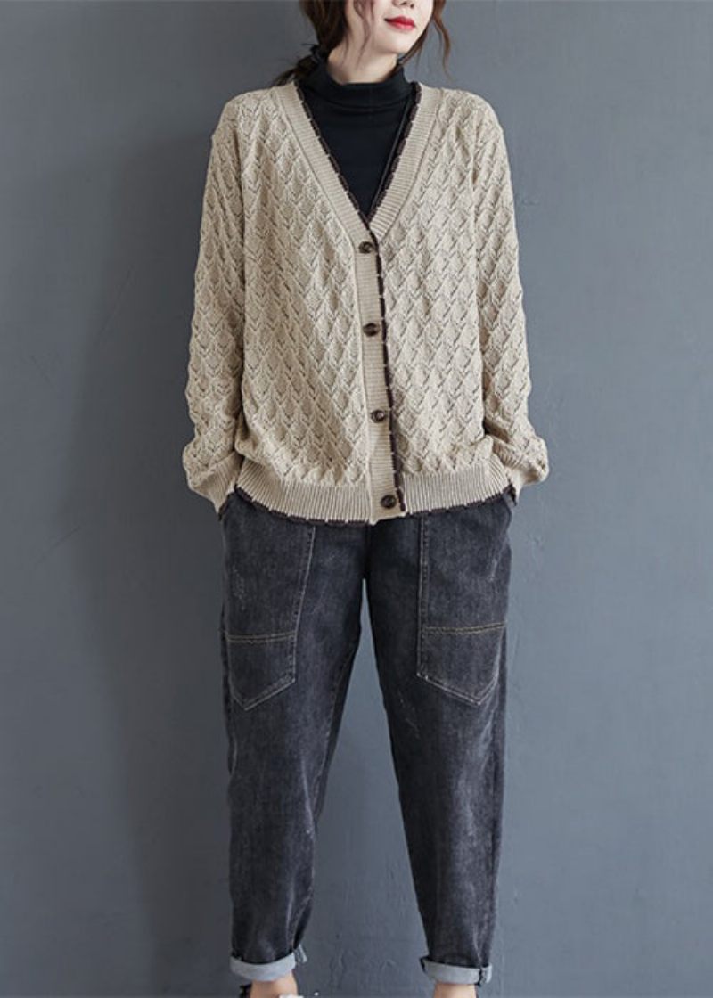 Lös Khaki V-hals Hollow Out Button Stickad Cardigan Fall - Koftor för kvinnor