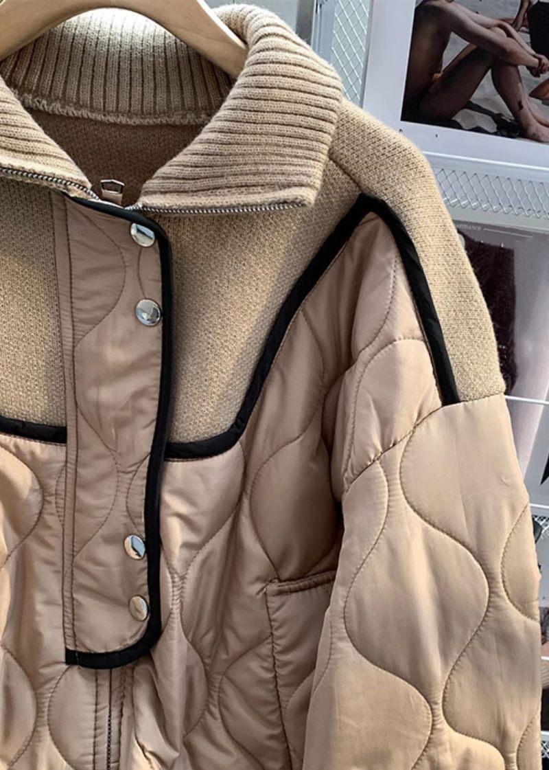 Lös Khaki Zip Up Stickad Patchwork Parka Långärmad - Dunjackor för kvinnor