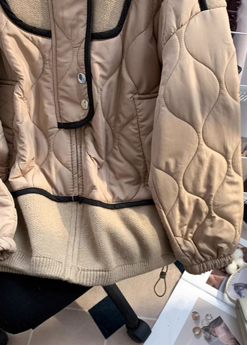 Lös Khaki Zip Up Stickad Patchwork Parka Långärmad - Dunjackor för kvinnor