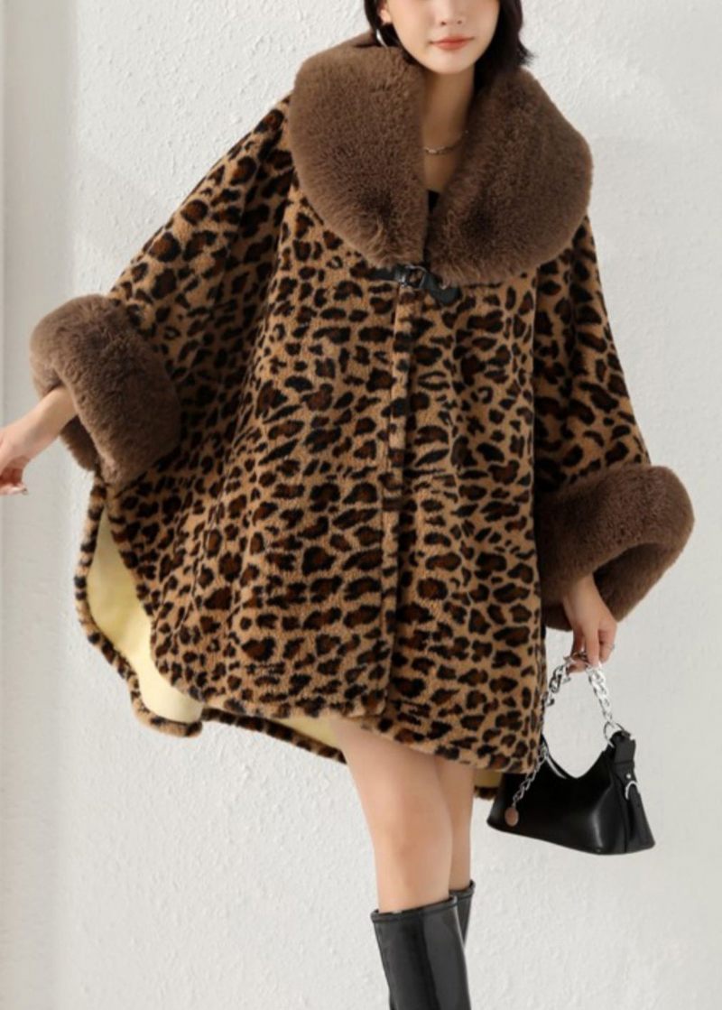 Lös Leopard Pälskrage Sidan Öppen Patchwork Varm Fleece Coat Höst - Vinterkappor för kvinnor