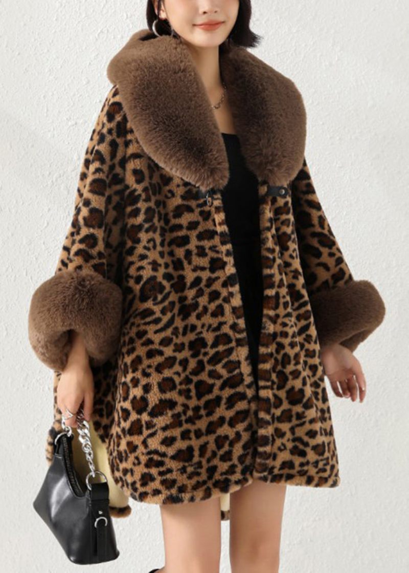 Lös Leopard Pälskrage Sidan Öppen Patchwork Varm Fleece Coat Höst - Vinterkappor för kvinnor