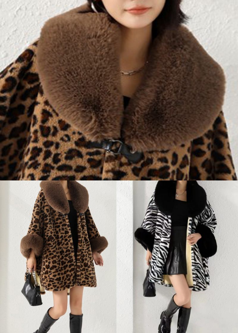 Lös Leopard Pälskrage Sidan Öppen Patchwork Varm Fleece Coat Höst - Vinterkappor för kvinnor