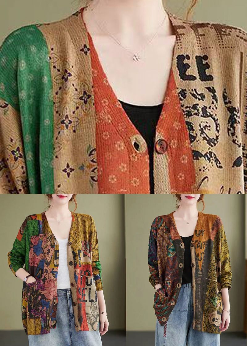 Lös Mitch Button Print Patchwork Cotton Knit Coat Höst - Koftor för kvinnor