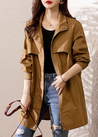 Lös Mörk Khaki Hooded Zip Up Patchwork Cotton Trench Coat Fall