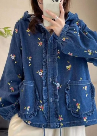 Lös Multi Hooded Ruffled Print Lace Up Denim Coat Spring