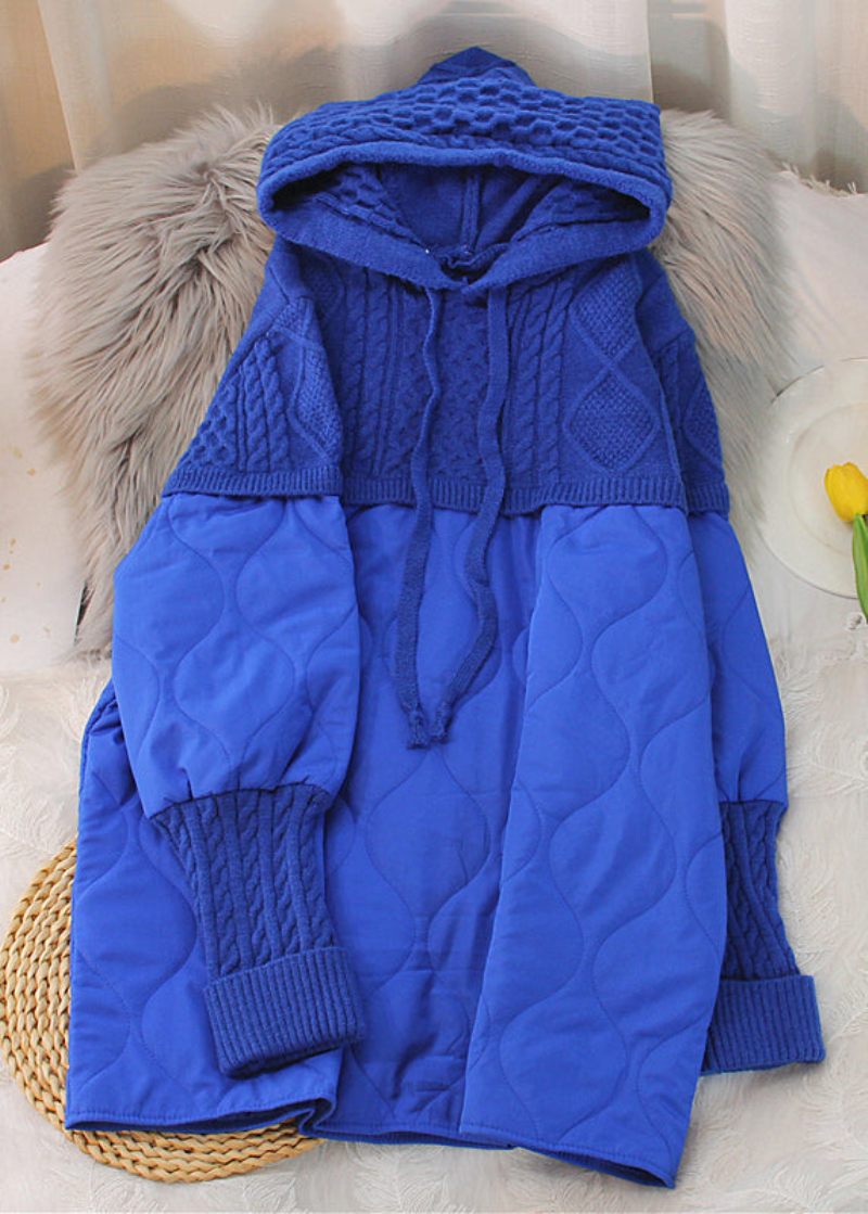 Lös Royal Blue Hooded Knit Patchwork Mid Parka Long Sleeve