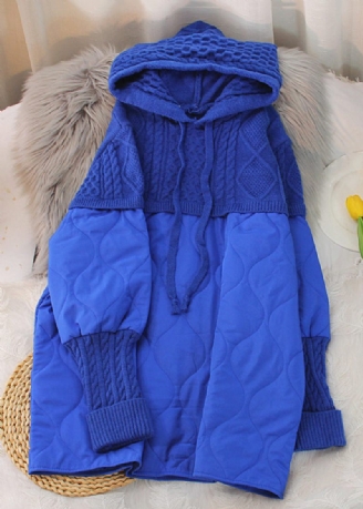 Lös Royal Blue Hooded Knit Patchwork Mid Parka Long Sleeve