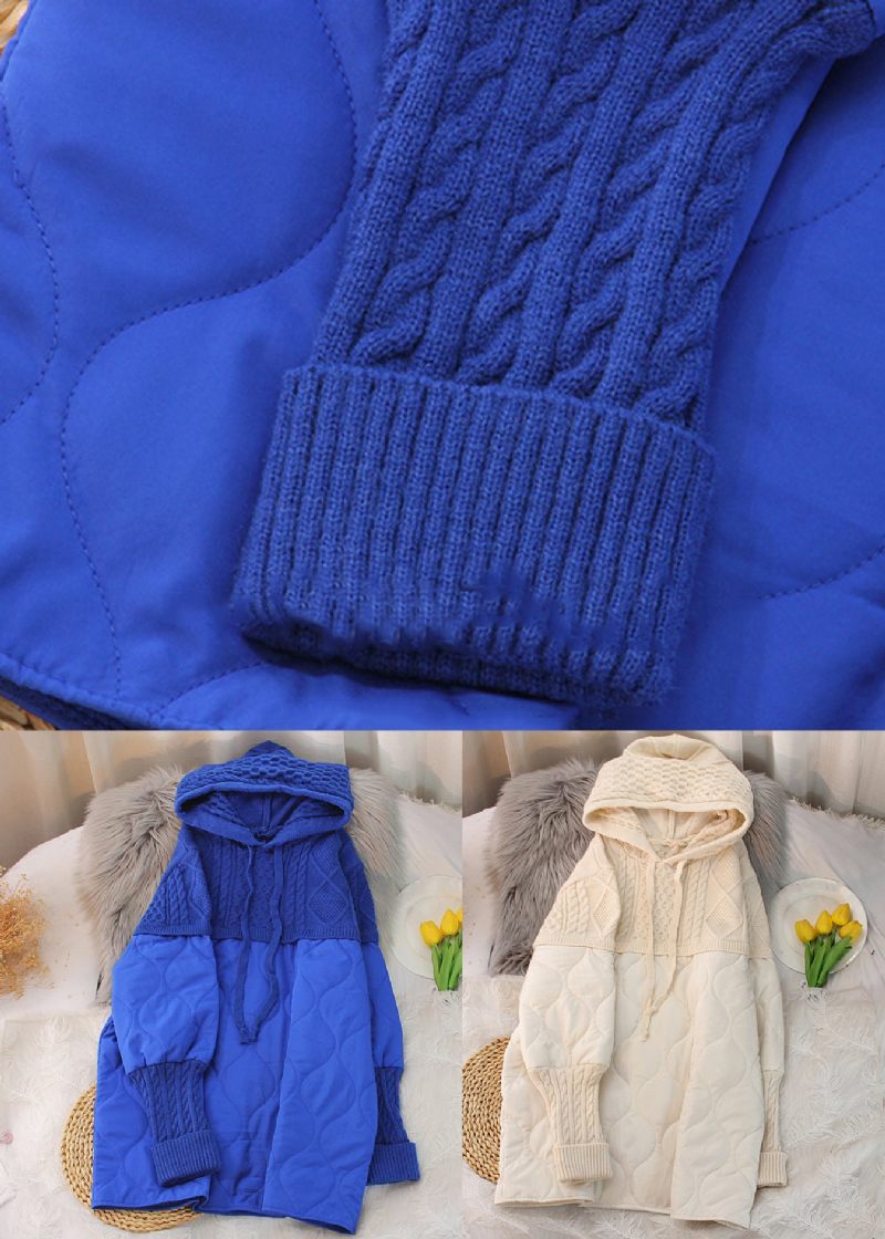 Lös Royal Blue Hooded Knit Patchwork Mid Parka Long Sleeve - Dunjackor för kvinnor