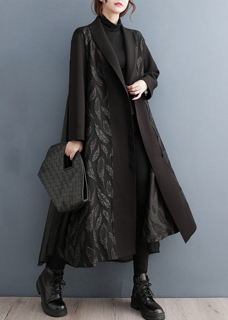 Lös Svart Dragkedja Tryck Tyll Patchwork Lång Trench Coat Höst - Trenchcoats för kvinnor